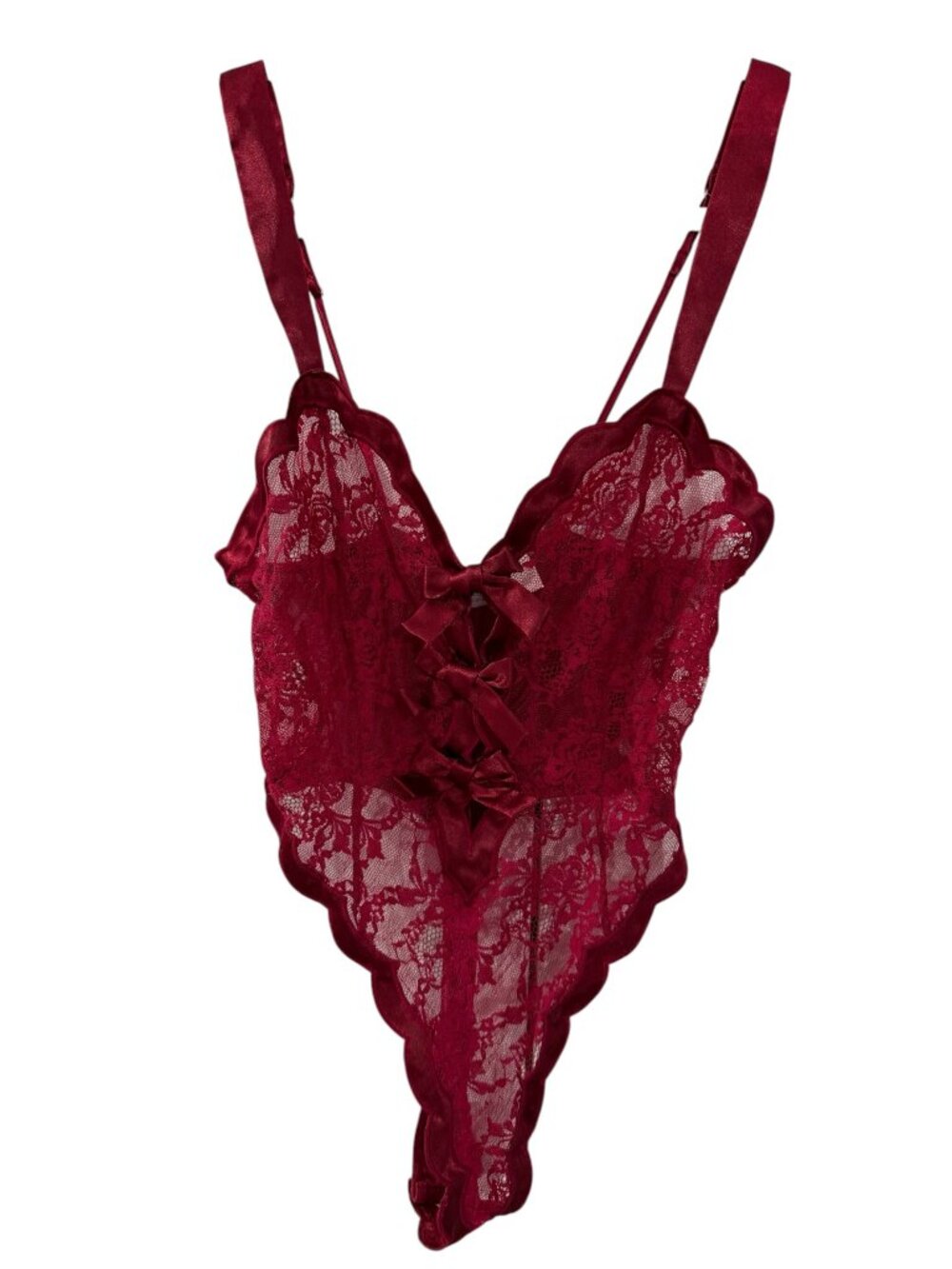 La Senza Burgundy Floral Lace Teddy Bodysuit Satin Bows Small
